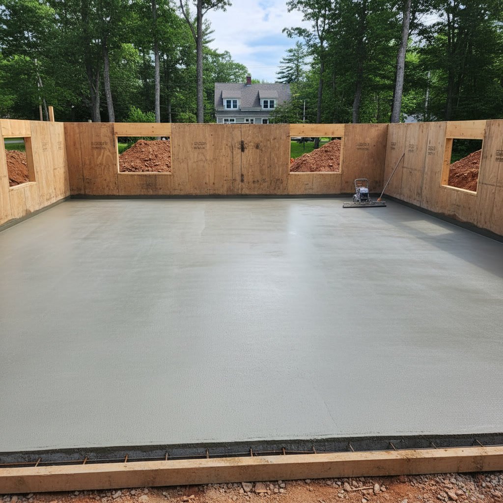 Basement concrete slab preparation with gravel base and vapor barrier in Dover NH home
