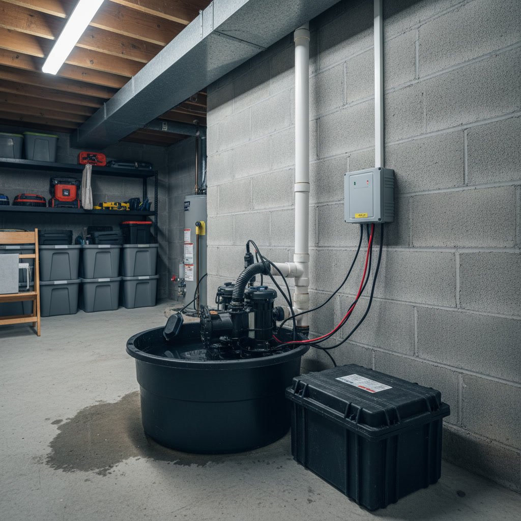 Battery backup sump pump system installed in basement with control panel