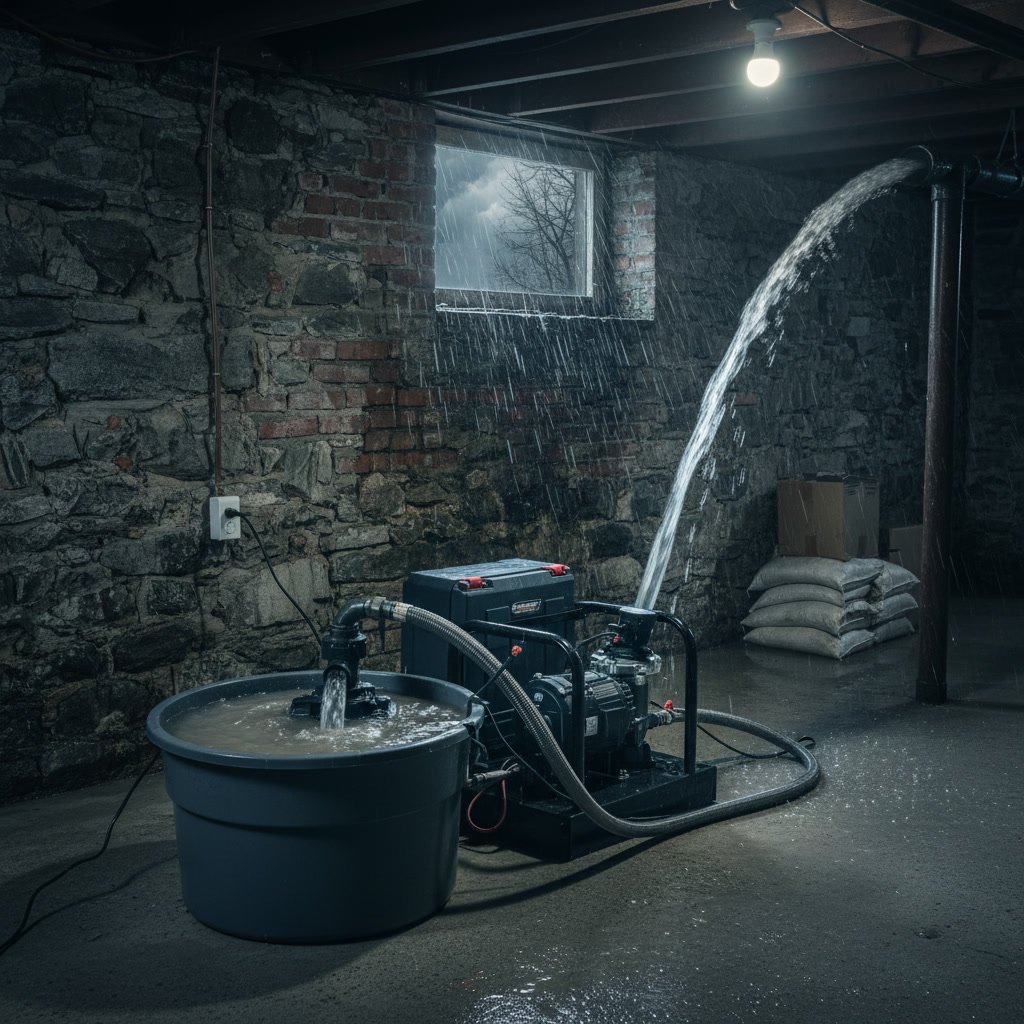 Flooded basement after power outage showing water damage