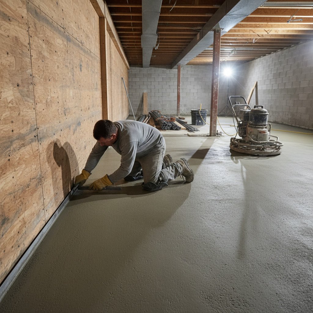 Finished basement concrete slab with proper curing in Dover NH home