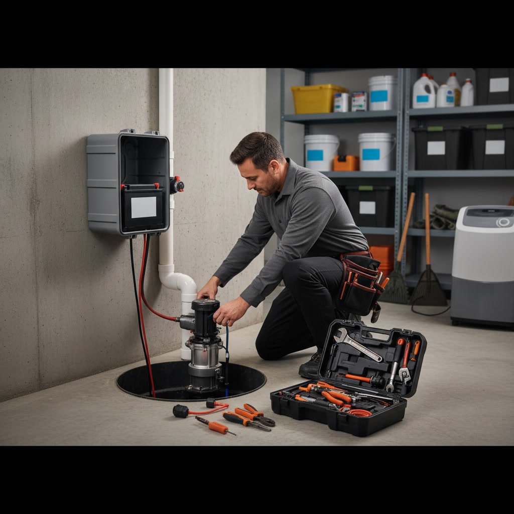 Technician testing battery backup sump pump control panel in New Hampshire home