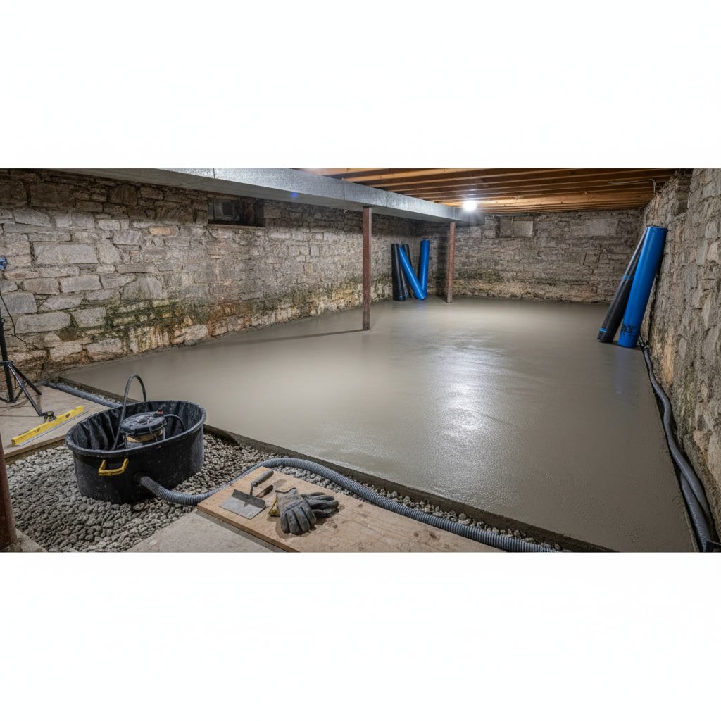 Professional basement concrete slab installation in Dover NH home