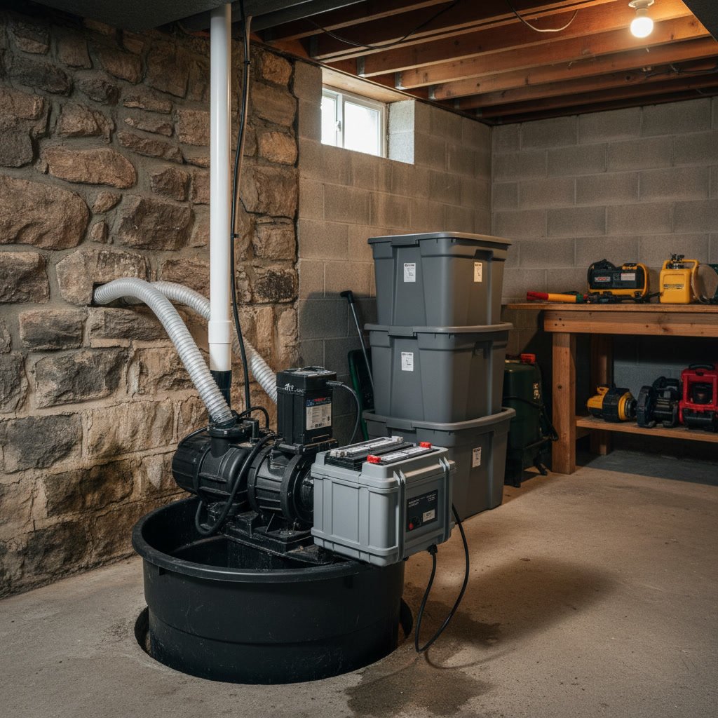 Battery backup sump pump installed next to primary pump in New Hampshire basement