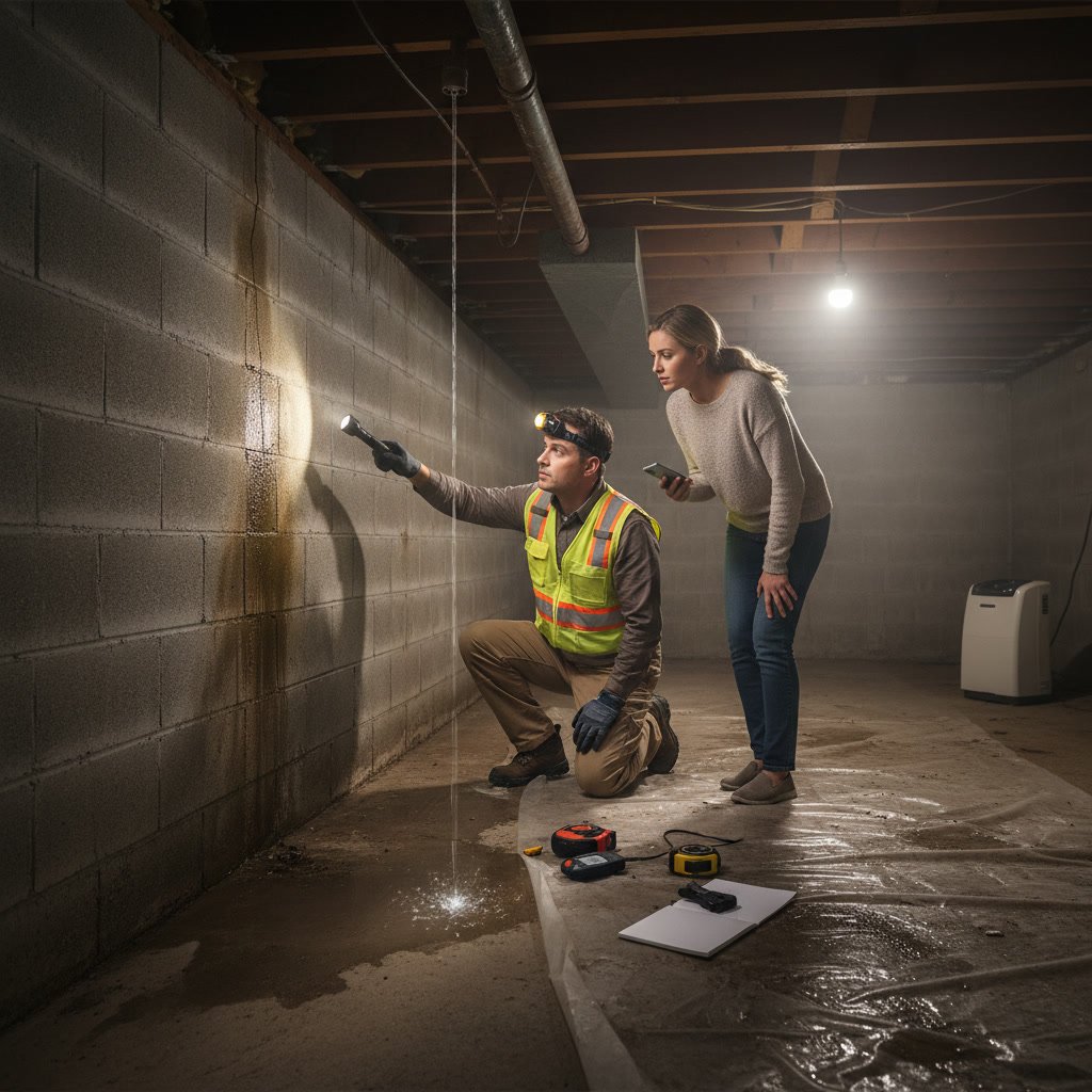 Basement waterproofing inspector examining foundation walls for moisture damage and cracks
