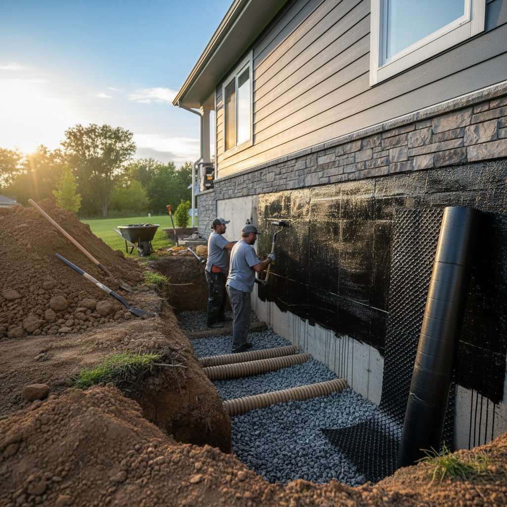Excavated foundation showing exterior waterproofing membrane application