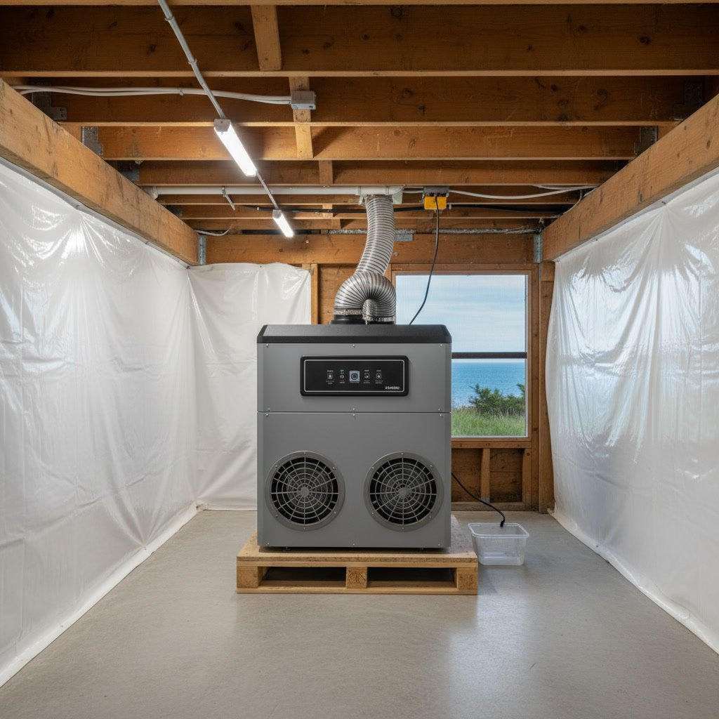 professional installing crawl space dehumidifier with drainage system in Portsmouth home