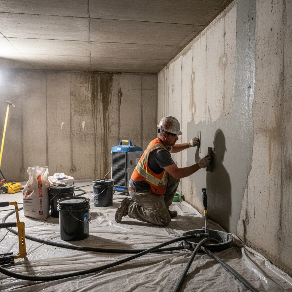 Freshly poured concrete floor restoration after basement waterproofing drainage installation