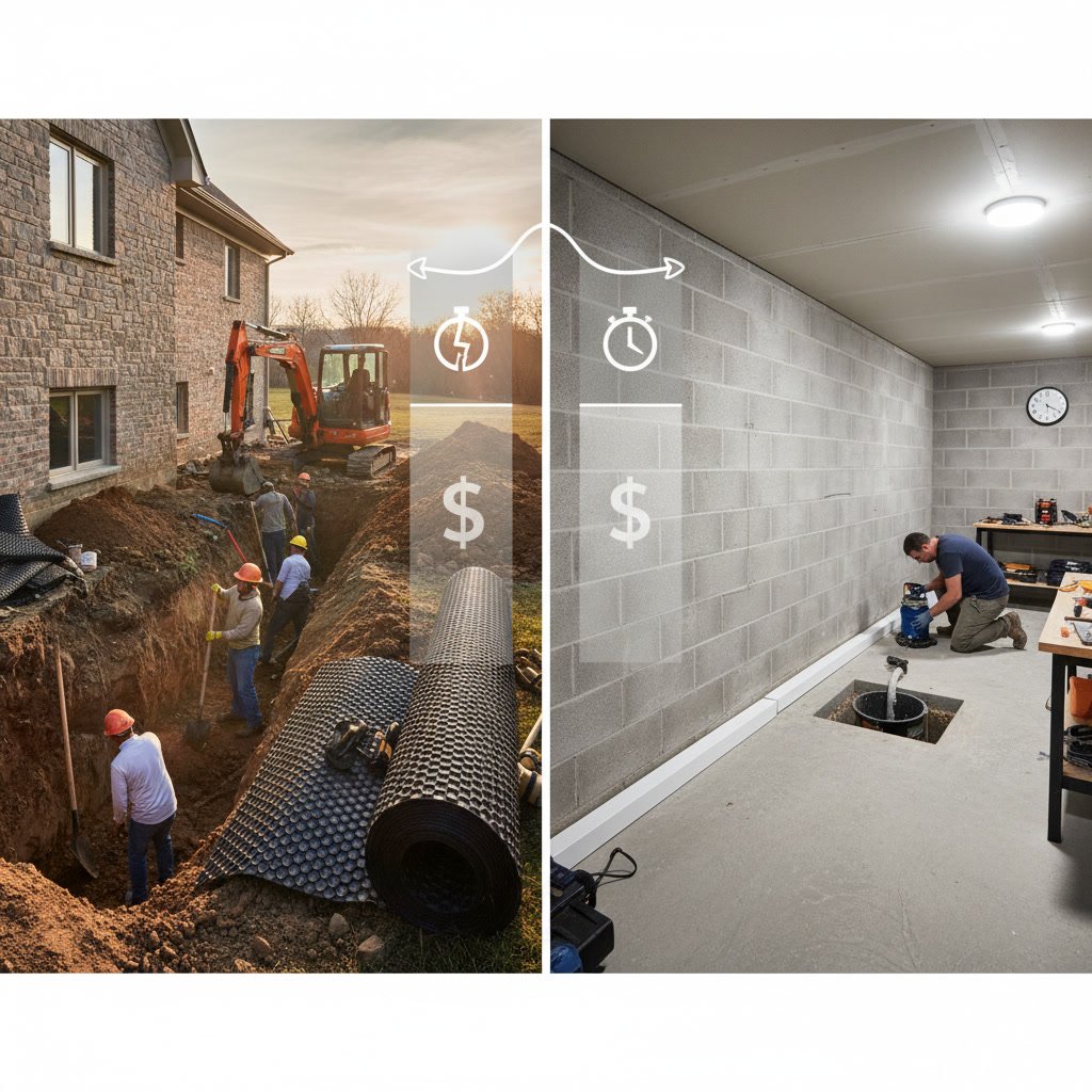 Interior perimeter drainage system installed along basement footer