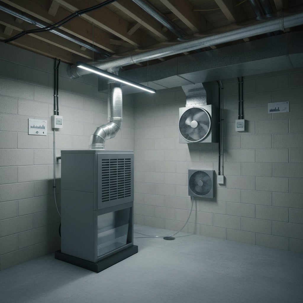 Professional basement dehumidification system installation showing moisture control equipment
