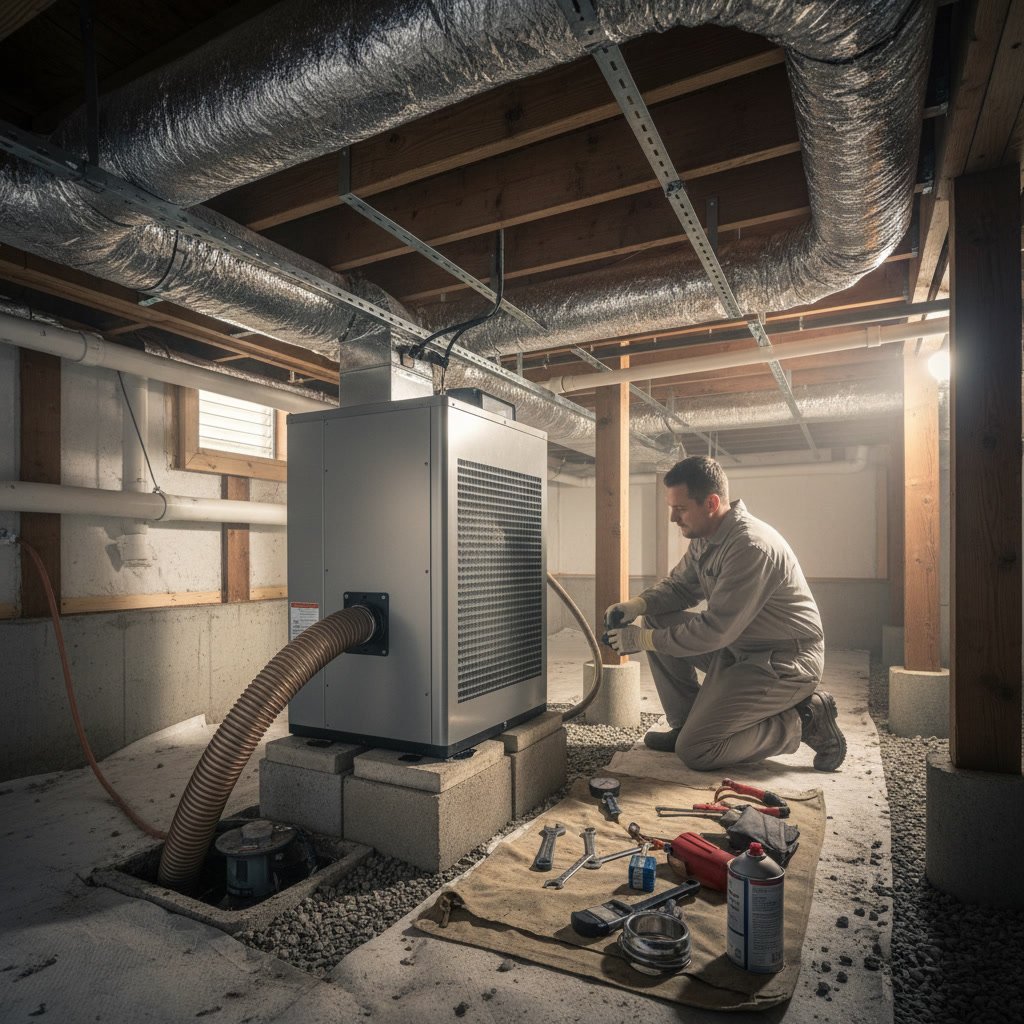 properly maintained crawl space dehumidifier in Portsmouth coastal home with vapor barrier