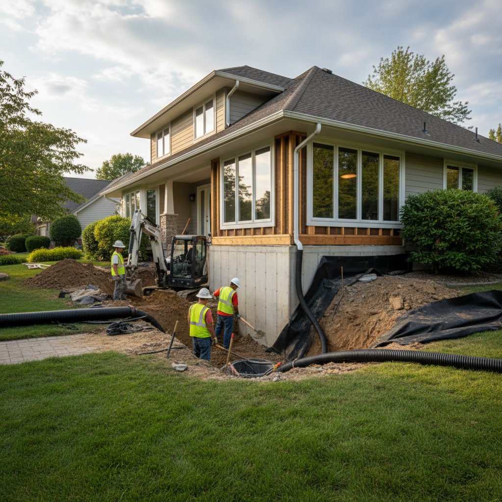 Exterior foundation waterproofing membrane application and drainage installation process
