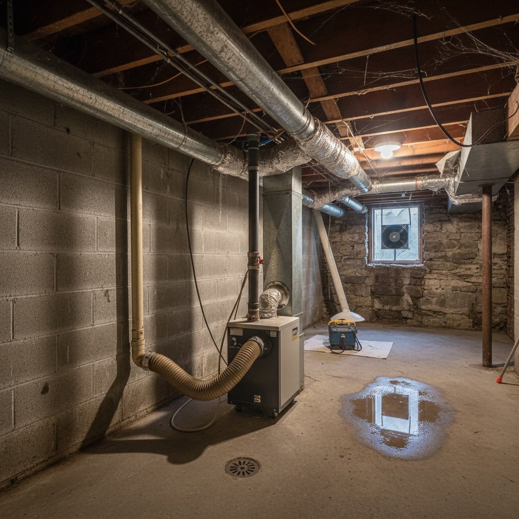 Damp Northwood New Hampshire basement showing moisture problems and need for proper ventilation system