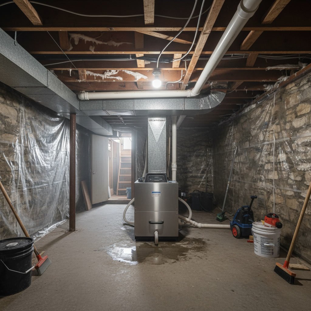 coastal Portsmouth home crawl space with dehumidifier protecting against moisture damage