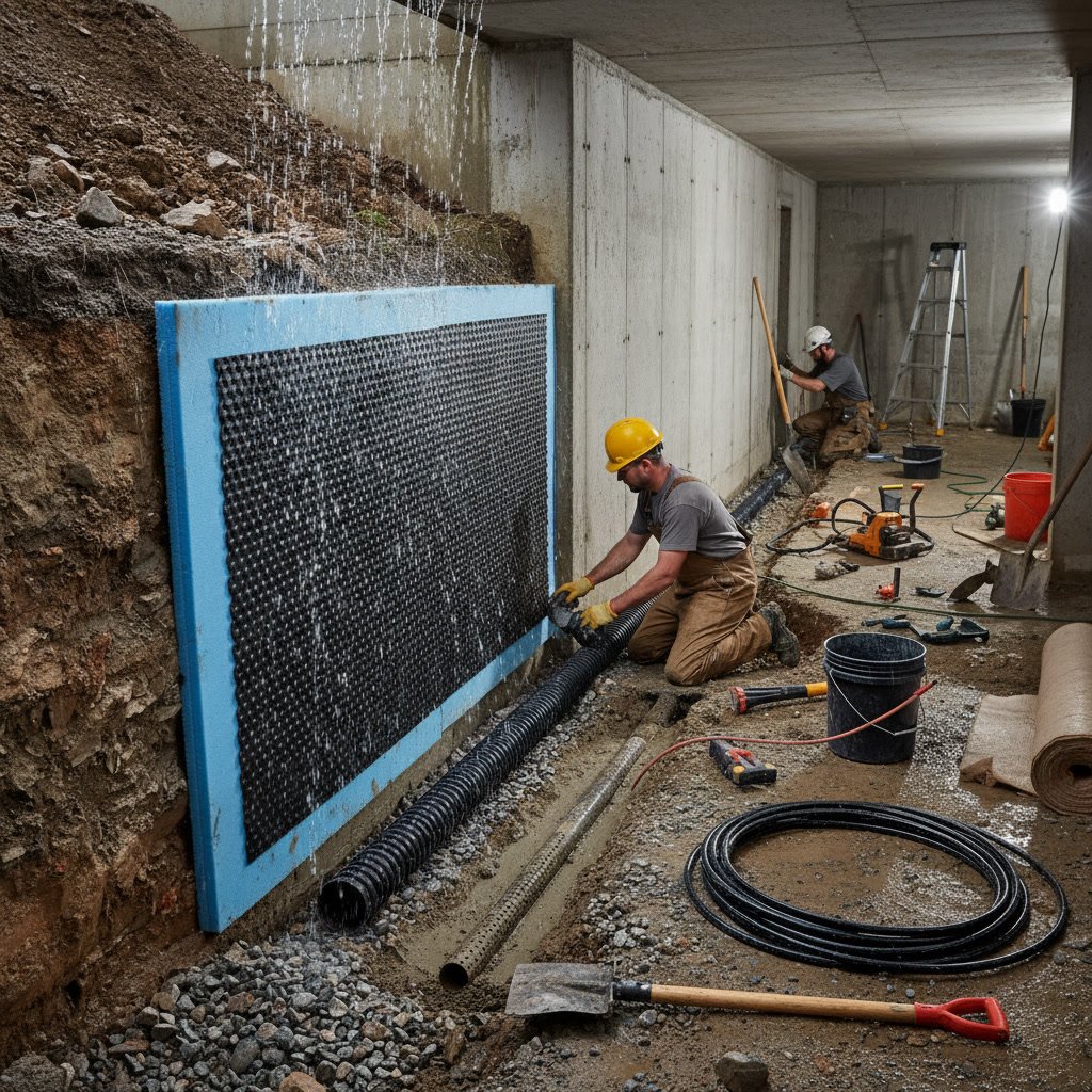 Professional basement waterproofing installation showing drainage system and sump pump setup