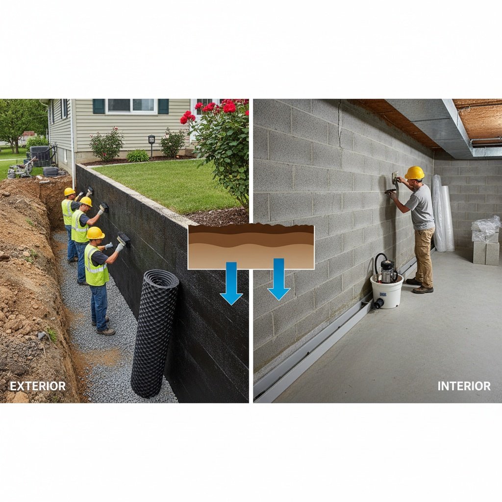 Comparison of exterior and interior basement waterproofing installation methods